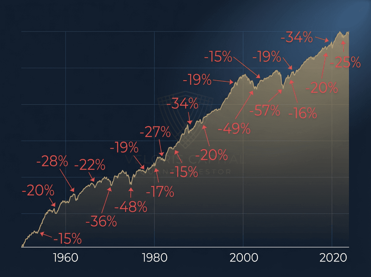 S&P 500 log chart since 1950 showing every major drawdown of 15% or more, demonstrating the market has returned 10% per year on average despite frequent crashes