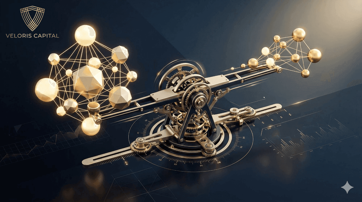 Abstract visualization of systematic portfolio rebalancing with golden elements on navy gradient background